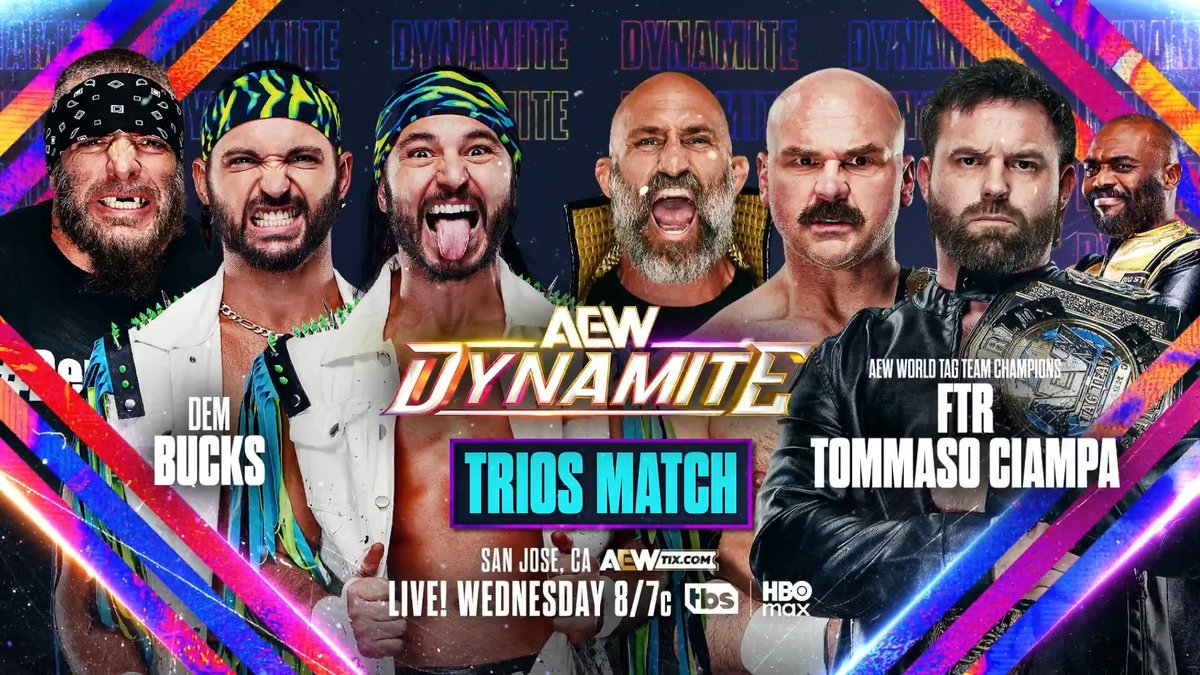 #AEWDynamite 8/7c, TBS + HBO Max This Wednesday 3/11 @YoungBucks/Mark Briscoe vs FTR/Tommaso Ciampa Days before FTR defend the AEW World Tag Titles against the Bucks at #AEWRevolution, Matt + Nick team w/Briscoe as Dem Bucks vs FTR + Ciampa, in San Jose this WEDNESDAY!