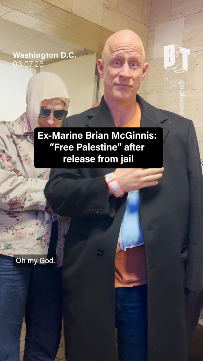 "Our government is in cahoots with Israel, and they're leading us into unprovoked wars." Ex-Marine Brian McGinnis speaks to his supporters after his release from jail. McGinnis was arrested last week for disrupting a Senate Armed Services Committee hearing in a protest against the Iran war. He underwent emergency surgery after Capitol police broke his arm as he was forcefully dragged out of the hearing.