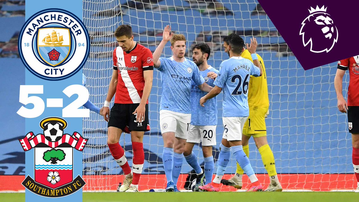 #OnThisDay: #ManCity 5-2 Southampton [2021] ⚽️ [15', 59'] Kevin De Bruyne ⚽️ [40', 55'] Riyad Riyad Mahrez ⚽️ [45+3'] Ilkay Gündogan - ⚽️ [25' P] James Ward-Prowse ⚽️ [56'] Che Adams
