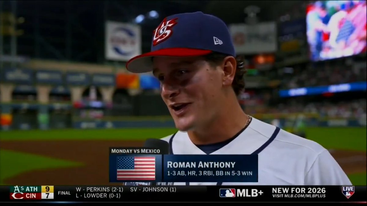 “You can go down the line. Playing with and behind these guys... it's unbelieveable.” 🇺🇸 Red Sox and USA Baseball outfielder Roman Anthony joined Jon Morosi after Team USA beat Team Mexico 5-3 Monday night. #MLBTonight | Capital One