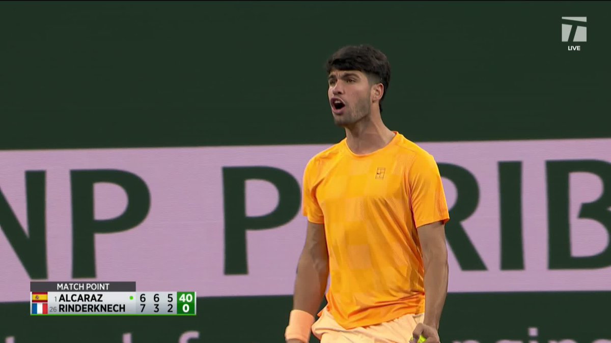 Stuck the landing 🤸 Carlos Alcaraz defeats Arthur Rinderknech 6-7, 6-3, 6-2! Gotta love the moment at the net 😆 #TennisParadise
