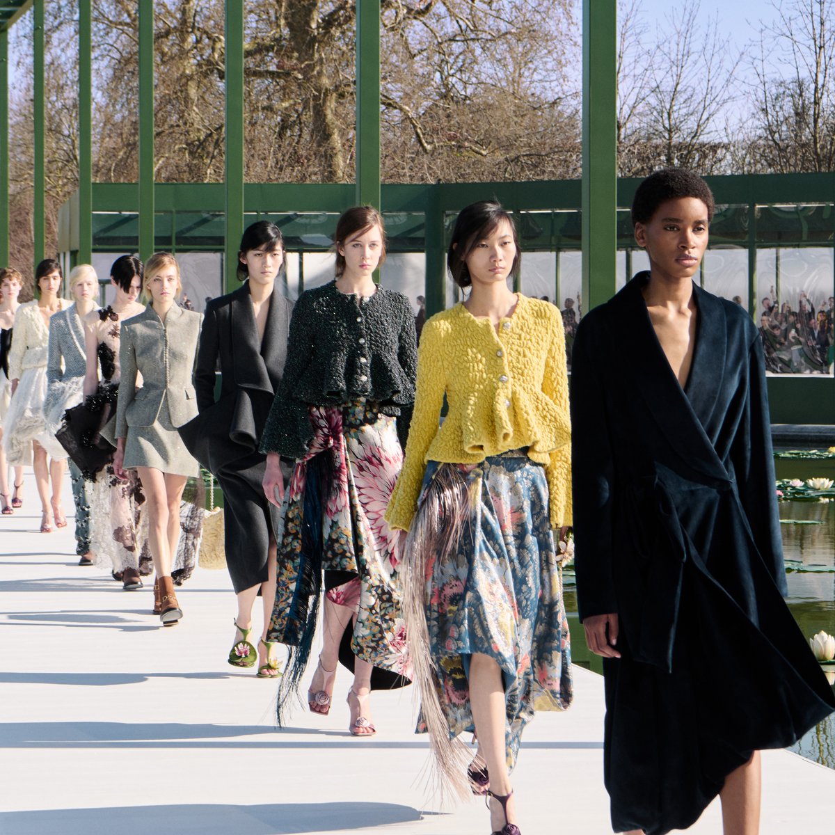 Dior Autumn Winter 2026-2027. The finale of the show which was held around a lily pond in the Jardin des Tuileries, the Paris park that was an influence to the collection and set alike. #DiorAW26