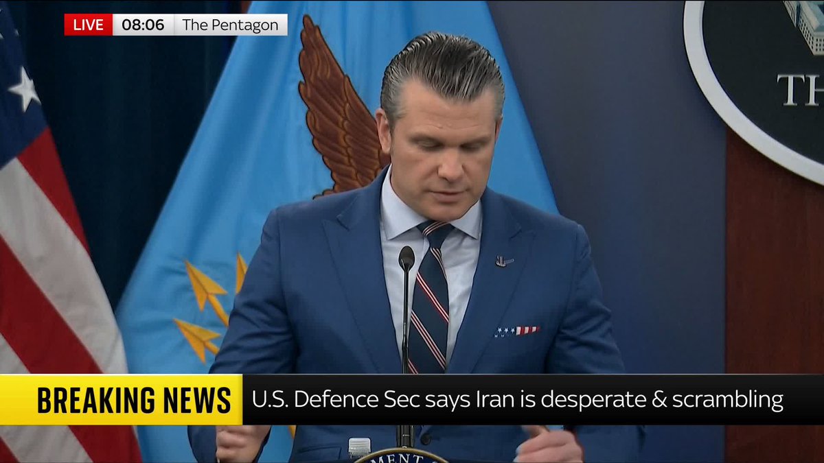 "This is not 2003." U.S. Defence Secretary Pete Hegseth says there will be no 'endless nation building' in Iran, after saying today will be their 'most intense day of strikes'. 📺 Sky 501, Virgin 602, Freeview 233 and YouTube