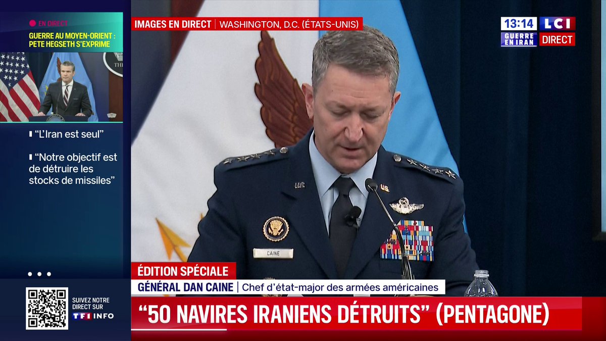 🔴50 navires iraniens ont été détruits par les Etats-Unis 🗣️ "Nous sommes en train de détruire la marine iranienne. Nous avons frappé un porte drone iranien et nous continuons", assure le général Dan Caine, chef d'état-major des armées américaines.