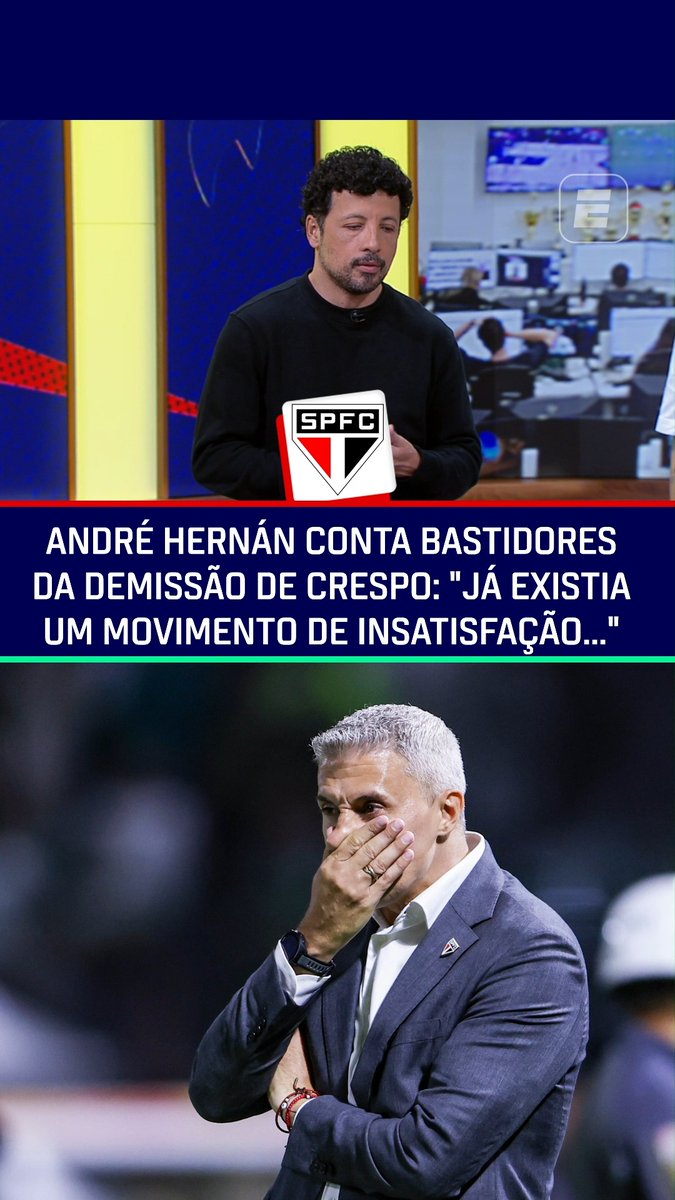 'JÁ EXISTIA UMA INSATISFAÇÃO' - No Fala a Fonte, André Hernan trouxe os bastidores da demissão de Hernán Crespo do comando técnico do São Paulo e que a decisão não foi uma "surpresa" por conta dos movimentos que aconteciam internamente no clube tricolor! Saiba TUDO dos bastidores da bola no Fala a Fonte! De segunda a sexta, às 09h, AO VIVO no YouTube da ESPN Brasil! #FalaFonte #FutebolNaESPN #SPFC