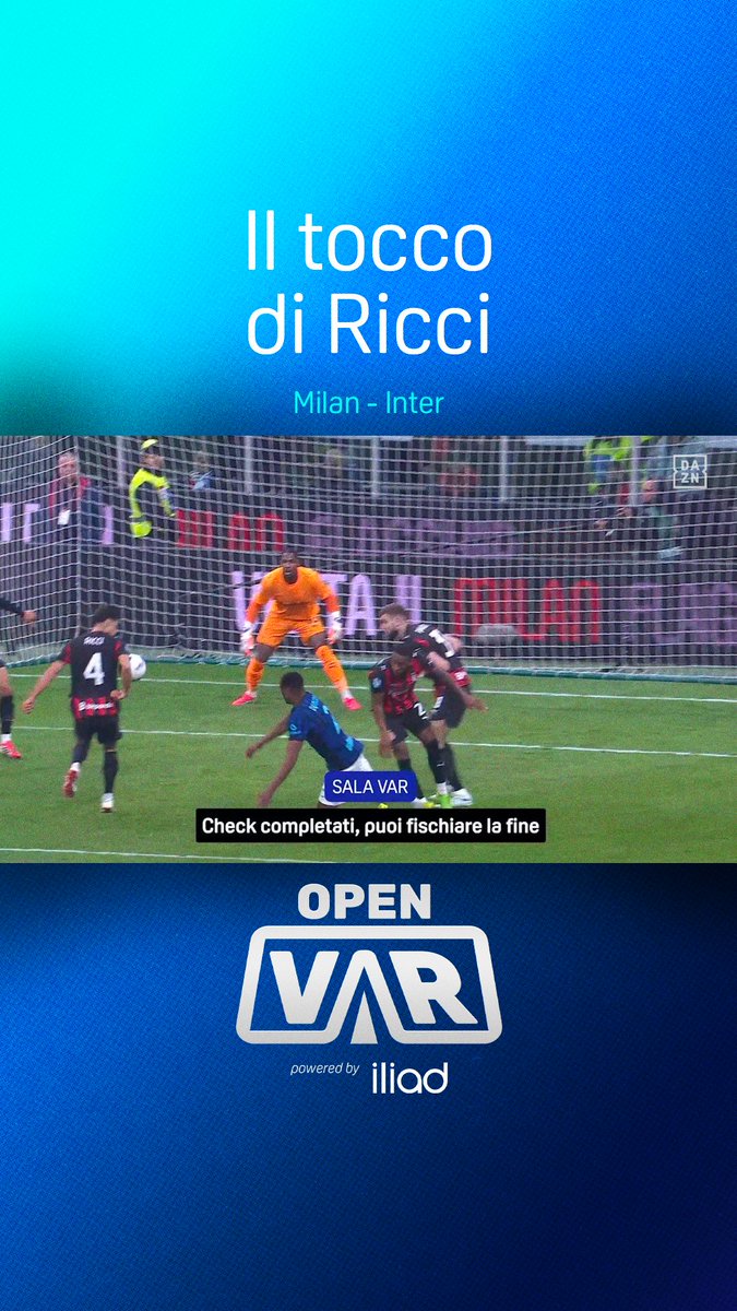 Il tocco di Ricci in #MilanInter🕵️♂️ Doveri è molto deciso ✅ Tonolini non ha dubbi: braccio in sagoma, movimento a togliere 🔍 L’audio del VAR e l’analisi dell’episodio ad #OpenVAR powered by iliad, disponibile su #DAZN 📲
