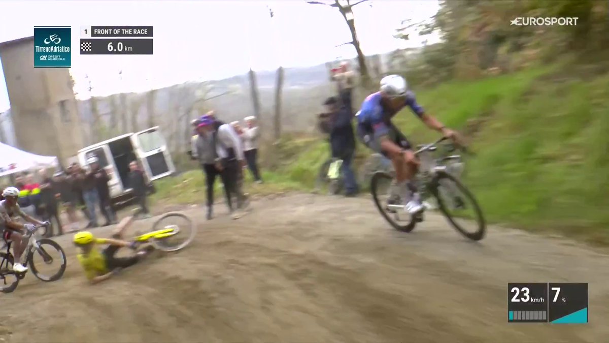 La arrancada de Van der Poel en el sterrato y la caída de Jorgenson cuando salía a por el excampeón mundial. #TirrenoAdriatico