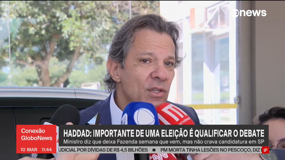 Fernando Haddad confirma que deixará o Ministério da Fazenda na próxima semana, mas não certifica candidatura ao governo de São Paulo. "Tenho conversado com o presidente, a gente está alinhando, não é só a candidatura, tem que ver o bloco de pessoas, grupo de pessoas que vão compor a chapa. Estou vendo tudo isso com os cuidados devidos." ➡ Assista: #GloboNews #ConexãoGloboNews #eleições #FernandoHaddad