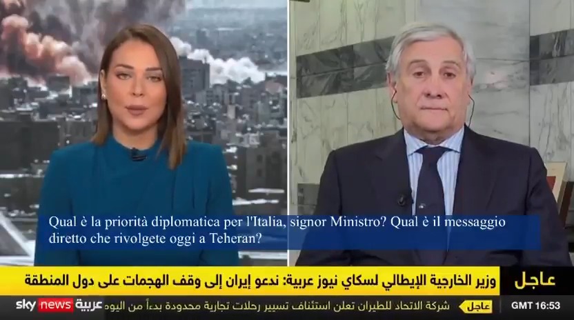 "Qual è il messaggio che rivolge a Teheran?" Tajani: "Basta missili e basta droni" Le parole del ministro a Sky News Arabia. Non è AI