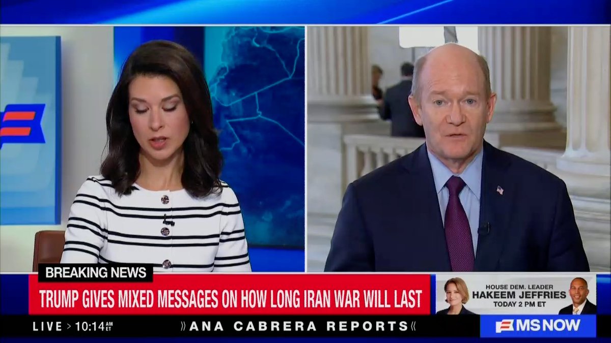 Sen. Coons: The clearest winner from this war in Iran is Russia. It's stunning that Trump is on the phone with Vladimir Putin and spending more time consulting with him than he is with Congress and the American people.