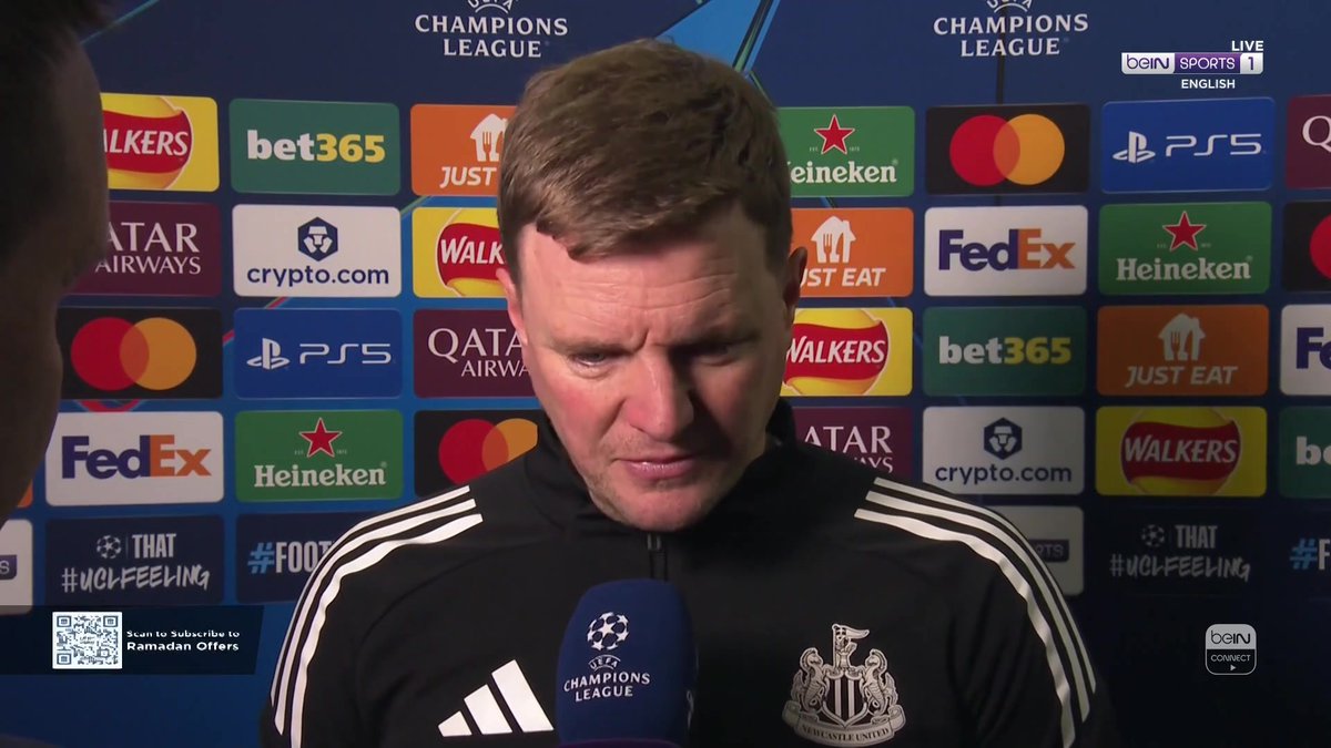 🗣️ "I think it was a special St James' Park night... Home or away, wherever we go, we'll be ready." Eddie Howe speaks to Andy Kerr after Newcastle's 1-1 draw with Barcelona. #beINUCL #NUFC #UCL