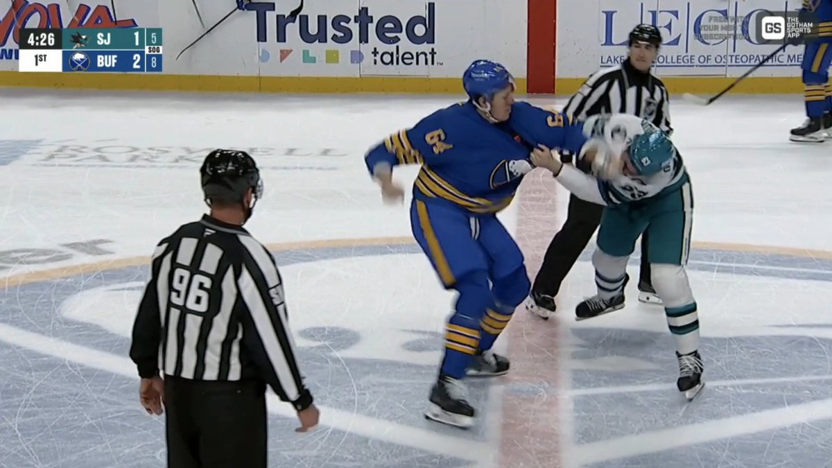WELCOME TO BUFFALO LOGAN STANLEY DROPS THE GLOVES IN HIS FIRST PERIOD AS A SABRE