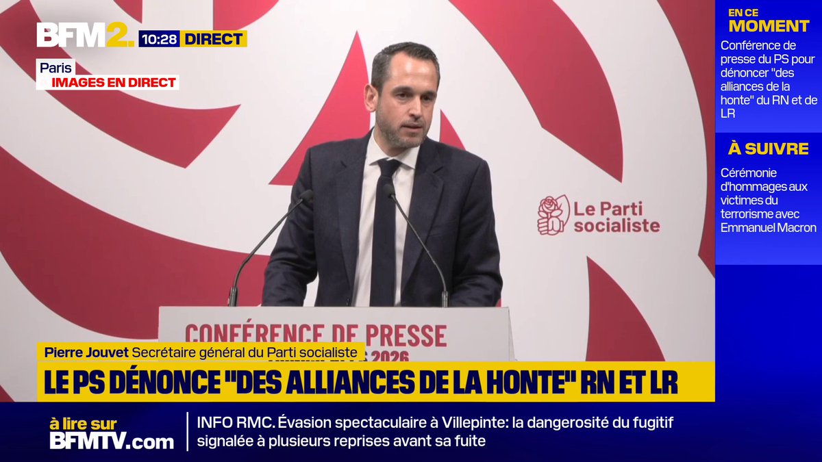 💬"Ce ne sont que les prémisses annoncées d'une fusion réelle entre la droite et l'extrême-droite" Le secrétaire général du Parti socialiste, Pierre Jouvet, dénonce "des alliances de la honte" du RN et de LR avant les municipales #BFM2