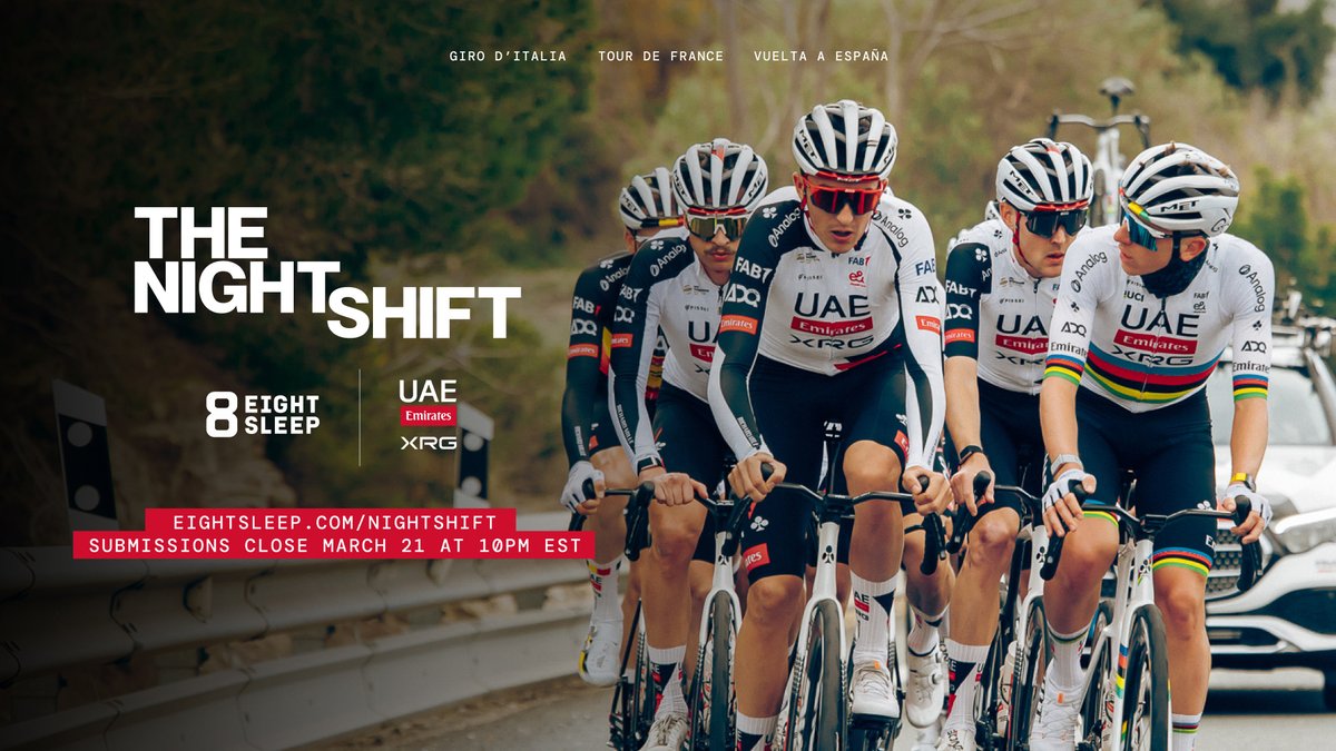 Eight Sleep is hiring someone to run The Night Shift and travel with @UAE-TeamEmirates across all three Grand Tours this summer. Giro d'Italia Tour de France™ La Vuelta The job: arrive at every hotel ahead of the riders. Install eight Pod systems before the team checks in. Break down and move to the next stage city. The other part of the job: document everything. The installs. The recovery. The quiet hours between stages. The story nobody gets to see. We’re not looking for a resume. We’re looking for someone creative, cycling obsessed, and in pursuit of a dream. Travel, lodging, and meals covered. Access money can’t buy. Apply now at Applications close March 21 at 10pm EST