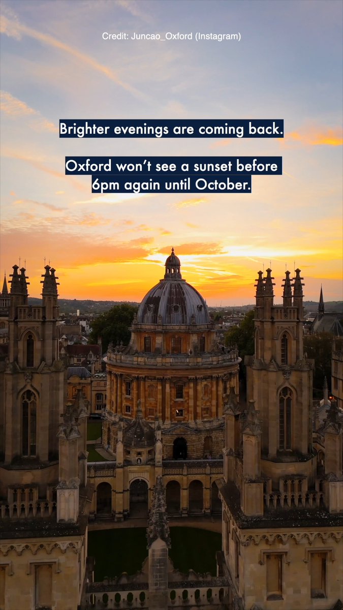 Today in Oxford, the sun will set at 18:01, and it won’t set before 18:00 again until Tuesday 21 October. Spring is coming 🌸 🎬 Instagram | Juncao_Oxford