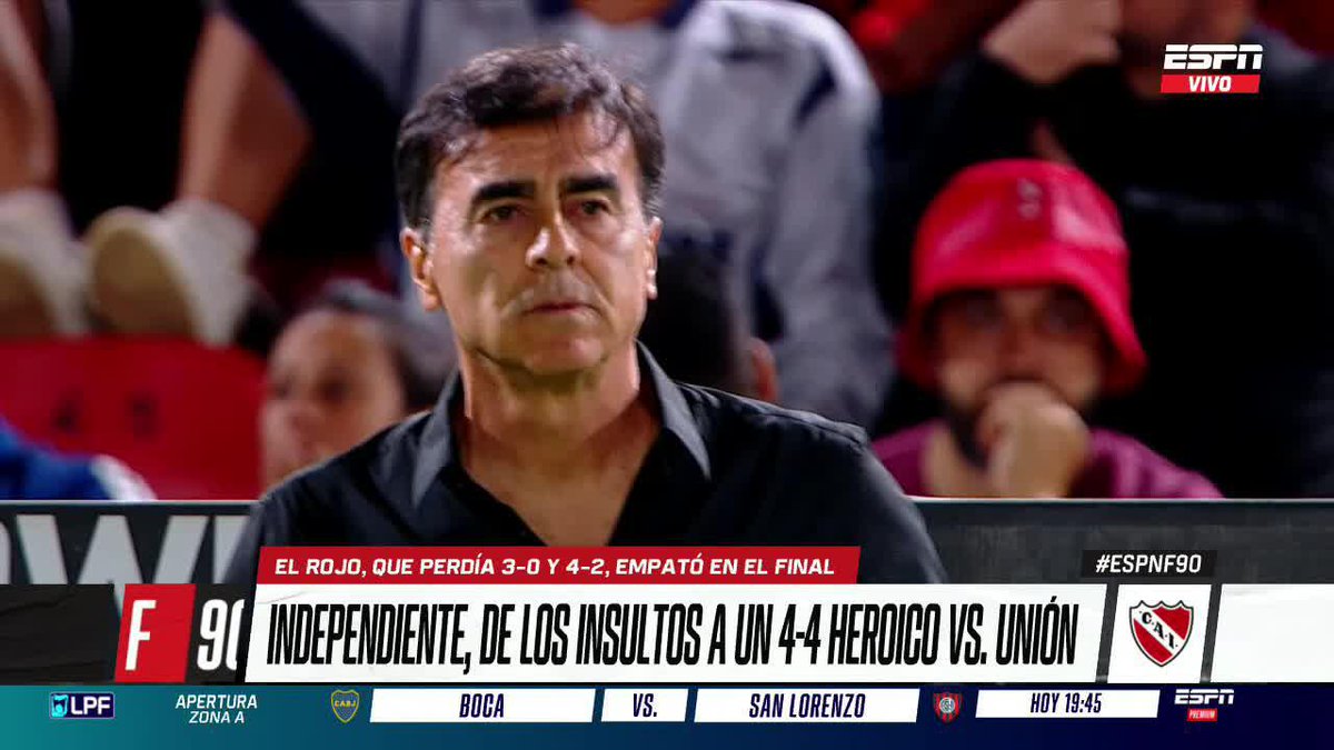 UN EMPATE REPLETO DE EMOCIONES El análisis del termómetro de la gente de Independiente, que pasó de los insultos por el 0-3 en los 25´ ante Unión y el heroico empate. ▶️ Mirá #ESPNF90 en el Plan Premium de #DisneyPlus