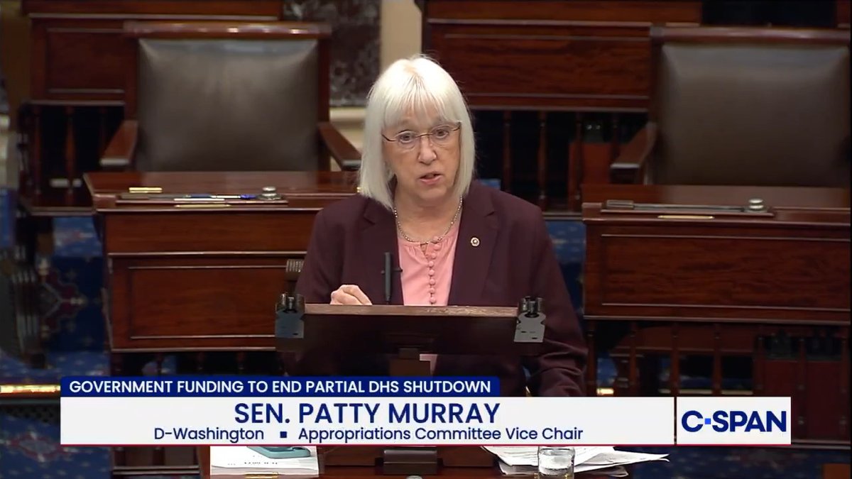 .Patty Murray pushes to fund DHS—except for ICE and CBP—through unanimous consent: "We want reforms to rein in ICE and Border Patrol. We also want TSA and FEMA funded. But we are not going to be blackmailed into cutting a blank check for ICE to get it done."