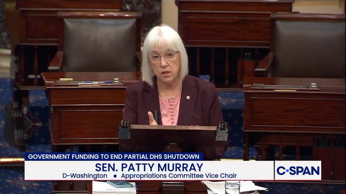 .Patty Murray responds to GOP objections to her push for unanimous consent to fund DHS without ICE or CBP: "He talked about an agreement that was there, and then went away. You know what happened, Mr. Leader? Two murders. Of American citizens."