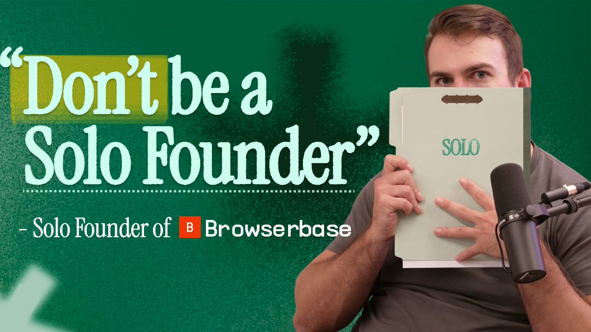 500 rejections. 0 co-founders. $300M valuation. Solo Founders Podcast Episode 2 is live with Paul Klein IV of Browserbase. Paul tried to find a co-founder. Nobody took the role. So he started Browserbase alone. Now they've raised $67.5M and have customers like Perplexity and Vercel. All in under two years. His take: "First-time founders should not be solo founders." 03:39 – StreamClub: from 72-hour coding binge to #1 on Product Hunt 06:41 – The 3,000-word memo that became Browserbase 08:32 – Solo by circumstance: co-founder dating and getting rejected 09:50 – The five-tool founder 18:48 – Company culture as a mirror of your flaws 30:46 – 500 rejections and hiring from non-traditional backgrounds 35:44 – Quarterback → head coach → GM: how the CEO role evolves 45:08 – The case against solo founding 51:49 – The case for solo founding
