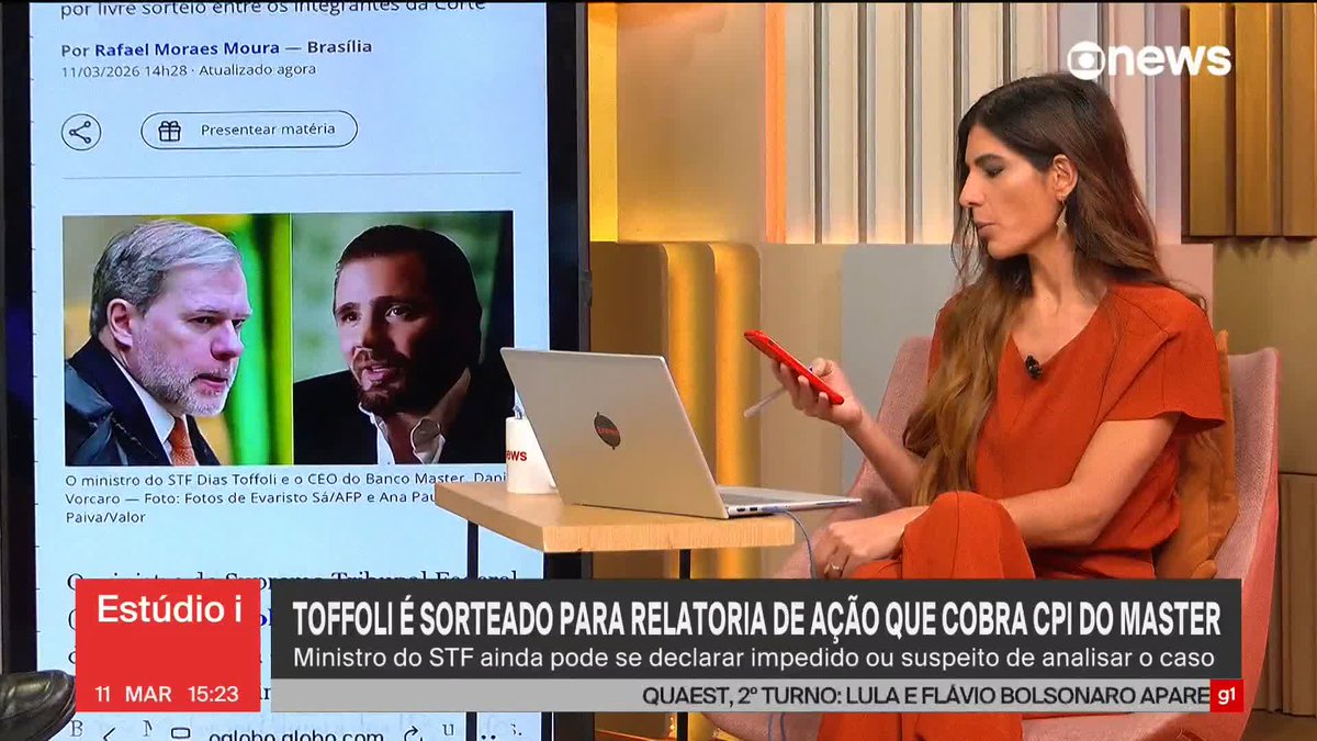 .Malu Gaspar: Toffoli assume relatoria de ação no STF que cobra instalação da CPI do Banco Master. Processo foi distribuído ao gabinete do ministro por livre sorteio entre os integrantes da Corte. #Estúdioi ➡ Assista à #GloboNews: