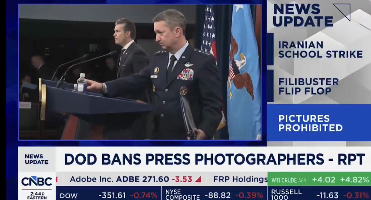BREAKING: The Defense Department has just banned all Photographs at press briefing because Pete Hegseth thinks that some of the photos of him at press conferences are "unflattering". The irony that these are the same people who say that the military has to be more extreme and masculine, and that wokeness destroyed it before. What a loser.