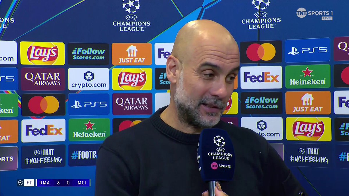 “Unfortunately we couldn’t do it!” Pep Guardiola reacts after Manchester City’s defeat to Real Madrid 🎙️ TNT Sports &amp; discovery+ UK | Jules Breach
