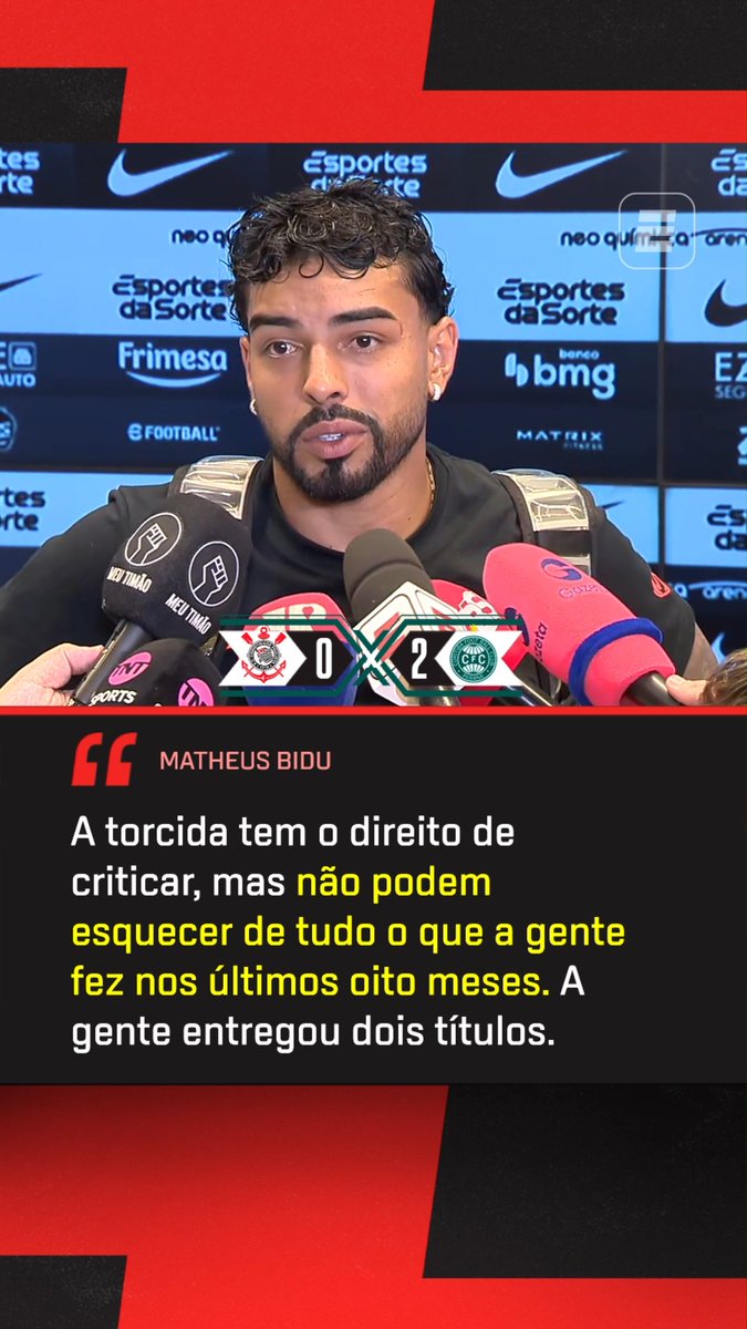 ⚠️ Matheus Bidu, do Corinthians, após derrota por 2 a 0 para o Coritiba: "A torcida tem o direito de criticar, mas também não esquecer tudo o que a gente fez nesses últimos 8 meses. A gente entregou 2 títulos." 🎥 ESPN Brasil | SportsCenter Brasil