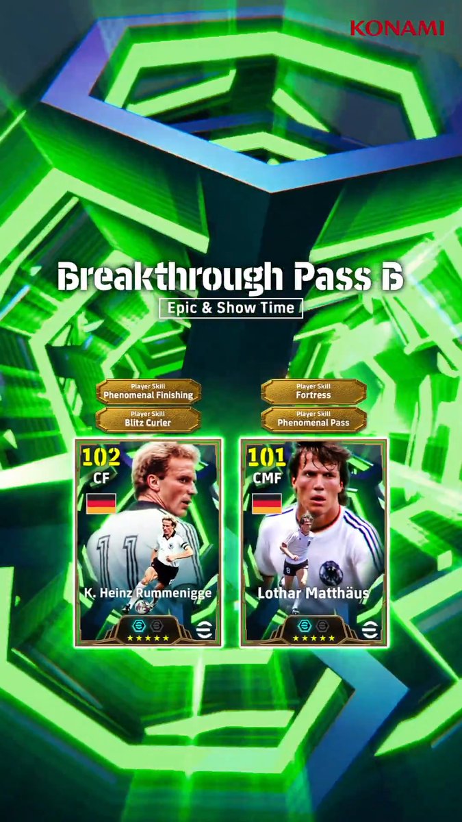 【Epic & Show Time: Breakthrough Pass B】 世界最高の称号を手にした、20世紀を代表するレジェンドが登場! カール ハインツ ルンメニゲ(ストライカーセンス +3) ローター マテウス(レジスタ +3) 2人のコンビネーションプレーで、試合の流れを引き寄せよう! #eFootball #イーフト