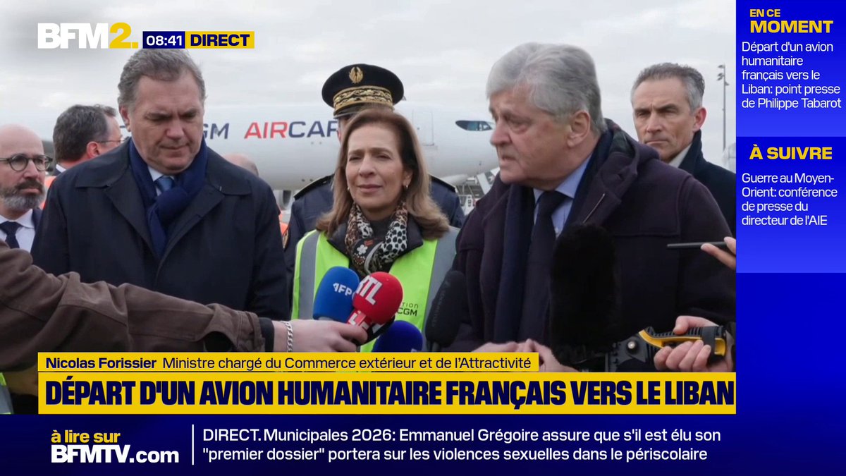 "La France est aux côtés de ses amis libanais", déclare Nicolas Forissier alors qu'un avion, "dans le cadre d'une association avec CMA CGM (propriétaire de BFMTV)" est prêt à décoller vers le Liban avec 60 tonnes d'aide humanitaire à son bord #BFM2
