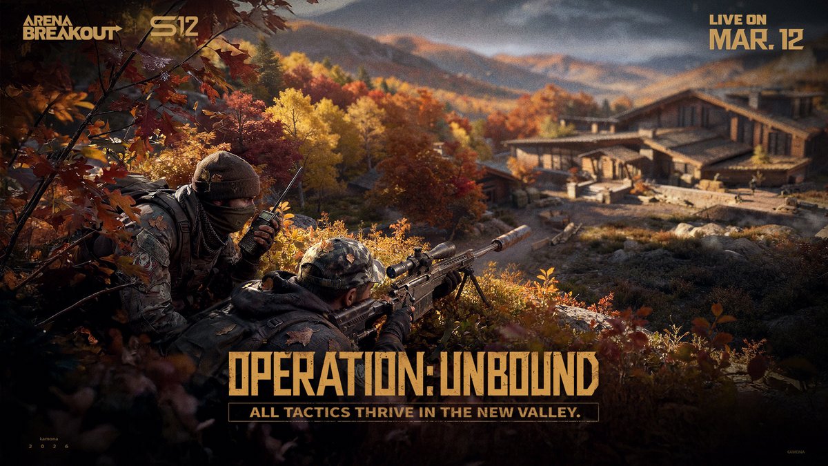 OPERATION UNBOUND | Season 12 Gameplay Trailer Season 12 is LIVE! 🎉 The Valley has been rebuilt on a massive scale, now featuring waterways like swamps and rivers. Watch your step—don't get caught off guard. Whether you're sniping, rushing, or sneaking, make it your own style. Explore the new valley​ and infiltrate the Armory at night. Hunt your rivals​ and collect their dog tags for rewards. Or enter the fray​ in a fierce contest and claim the crown. New collectibles, new tactical gear, new hidden stashes—all in #OperationUnbound Don't hold yourself back, make your move! #ArenaBreakoutS12 #S12LaunchesNow/