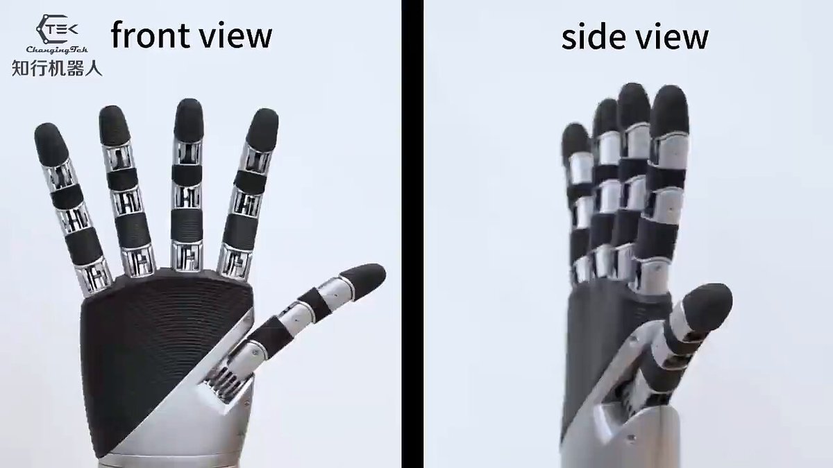Awesome! This is literally a superhuman hand. 🤖✋ ChangingTek Robotics just dropped a dexterous hand that actually morphs between left and right hand configurations on the fly. It uses cable-driven tech to pull off shapes and reverse bends that human hands can't even dream of doing. The power is real too, with a 50N grip force and 10N at the fingertips while staying precise within 0.1N. It is kind of like a rigid octopus, meaning it is tough enough to crank a wrench or screwdriver but smooth enough to grab a drink. Having this much range of motion in a single hand basically doubles the efficiency of any robotic arm in tight spots. Source: ChangingTek Robotics #Robot #Humanoid #Robotics #AI #EmbodiedAI #PhysicalAI #ChangingTek #DexterousHand #Bionics
