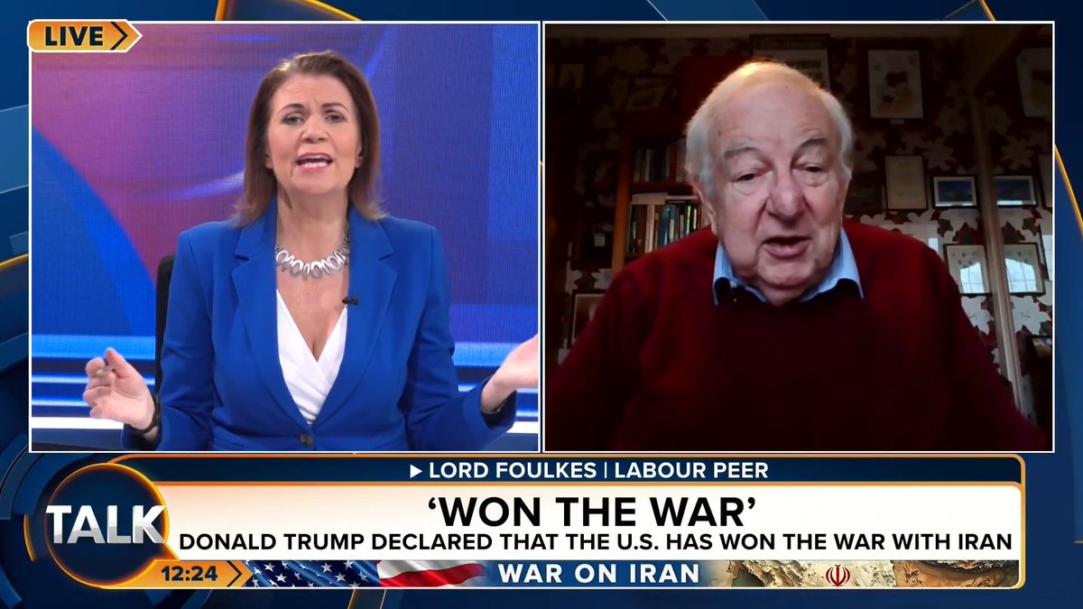 🚨Julia repeatedly asks Labour peer Lord Foulkes if Donald Trump is "as bad" as the Iranian Ayatollah. Lord Foulkes: "Is there a bigger lunatic than Donald Trump?" JHB: "You think the Ayatollah, who slaughtered 30,000, and Donald Trump are morally the same!?!?" Julia Hartley-Brewer