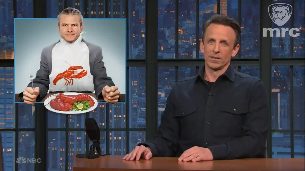 Seth Meyers (with the help of a Jen Psaki clip) joins Jimmy Kimmel and Stephen Colbert in not knowing about military surf and turf meals, "They spent $15 million on steak in one month. Who are you? Sterling Cooper Draper and Pryce? If you're gonna eat that much steak, you better have come up with a new campaign for lucky strike. No wonder Hegseth always looks miserable. He's 24/7 meat constipated. That's the face of a man war fighting with his colon." (1/2)