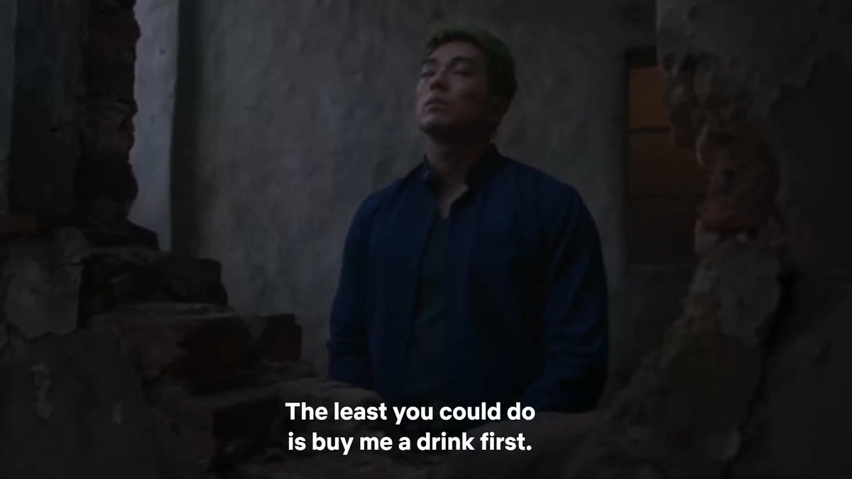Zoro asking two guys to buy him a drink first as they watch him piss...interesting dialogue choice lol #OPLA