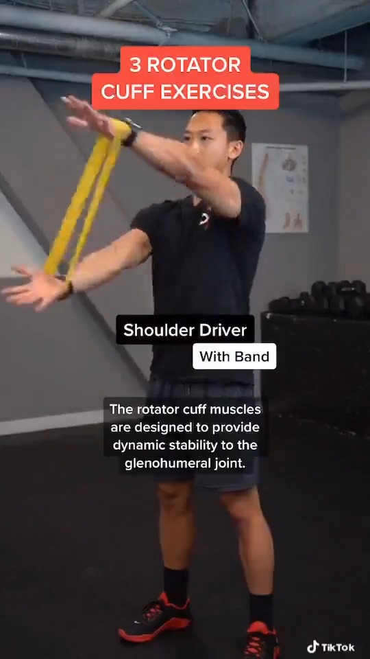 3 ROTATOR CUFF EXERCISES Got shoulder pain? Dealing with a rotator cuff issue? Grab a mini-band and perform these simple, yet excellent shoulder and rotator cuff exercises!⁣ Clinicians! Find all of these exercises on our HEP builder: