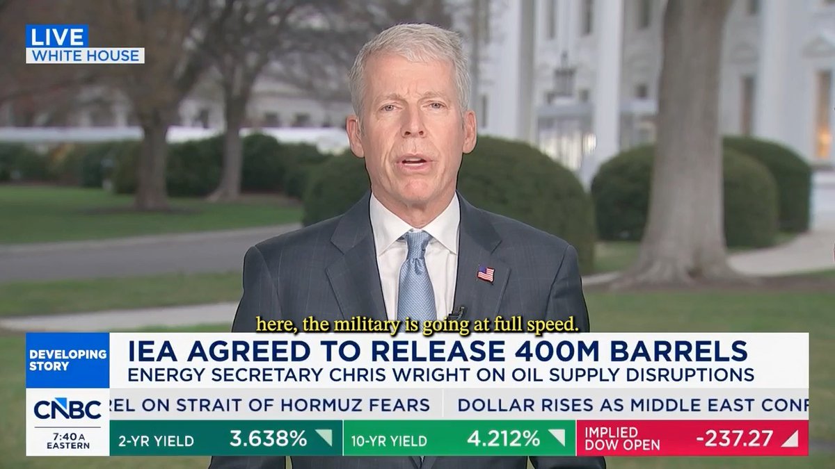 🚨Secretary Chris Wright on Operation Epic Fury: "With President Trump's leadership, the military is going at full speed...We're destroying their ability to threaten U.S. troops in the region, to threaten their neighbors, and to threaten the energy markets."