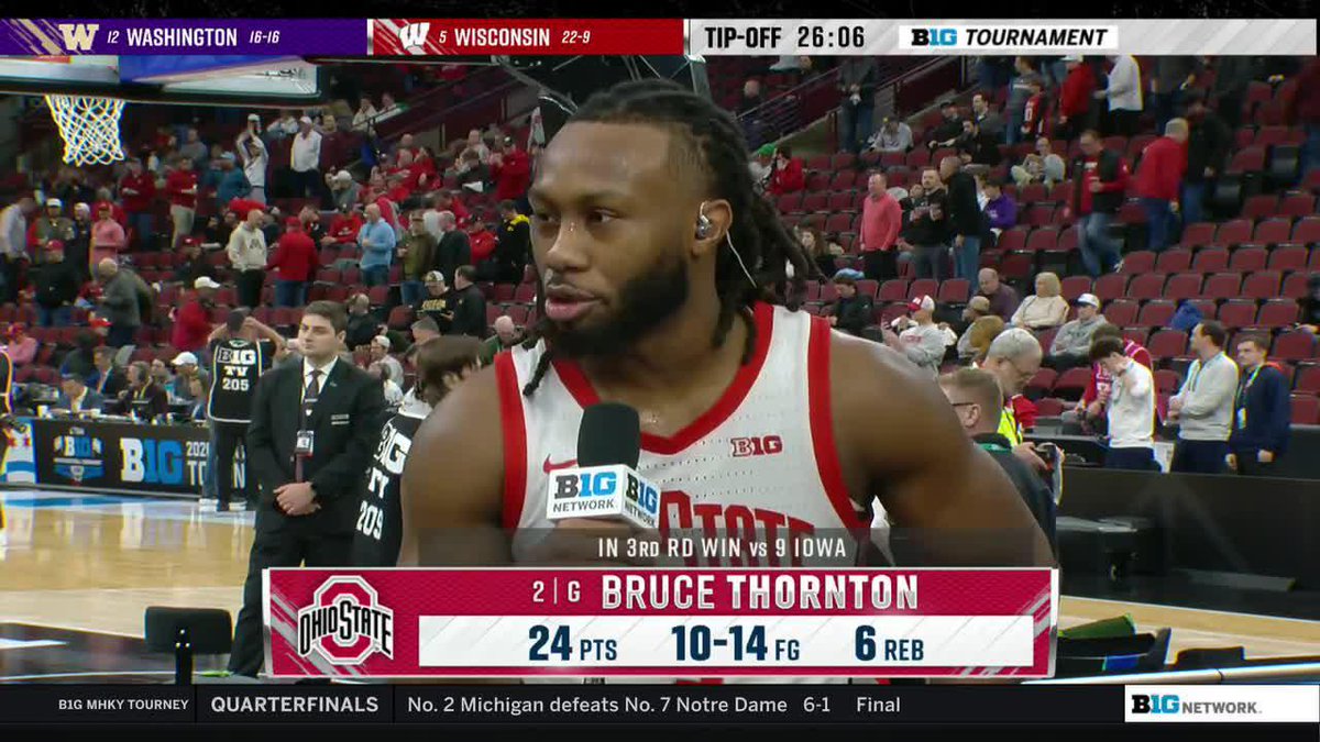 "When you got a great support staff in anything you do in life, good things just happen." Hear from Ohio State Hoops’ all-time leading scorer Bruce Thornton after the #B1GMBBT third-round win over Iowa 👇