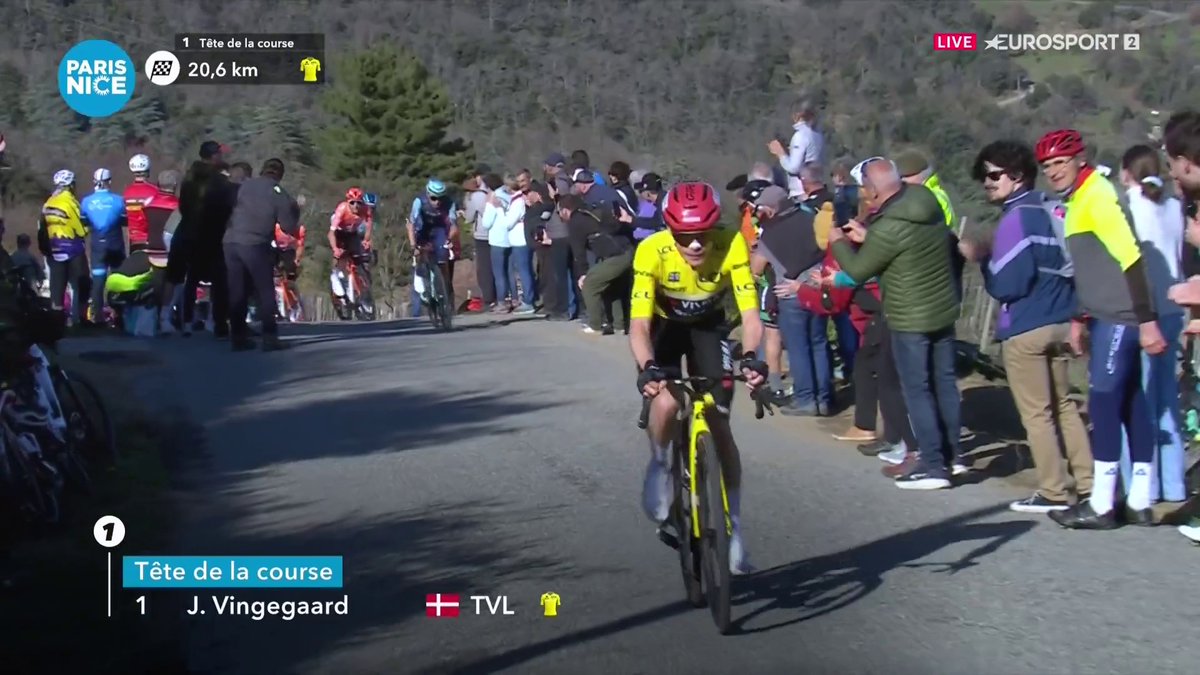 ☀️ #ParisNice, Stage 5 ⛰️ COTE DE SAINT JEAN DE MUZOLS (2.05 km, 11.32 %, 232 m) Jonas Vingegaard (🏆💥) > 6:28 > 19.02 Kph > VAM 2153 m/h > 7.37 W/kg (est.) "65 kg 🚴‍♂️" > 7.46 W/kg (est.) "60 kg 🚴‍♂️" (est.) = "50 % drafting"