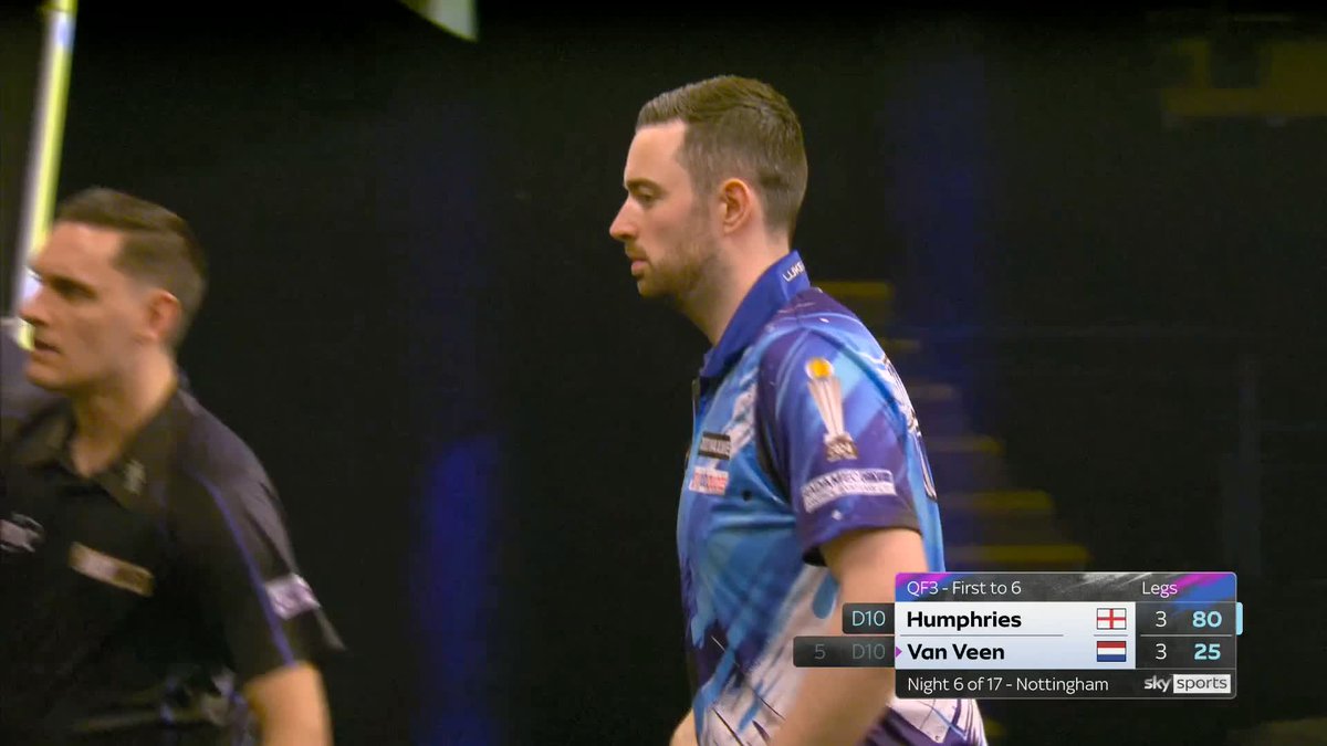 KEY BREAK FROM HUMPHRIES! Luke Humphries takes the first break of the match with a huge 80 checkout to lead 4-3 against Gian van Veen! 📲 #PLDarts | QF2