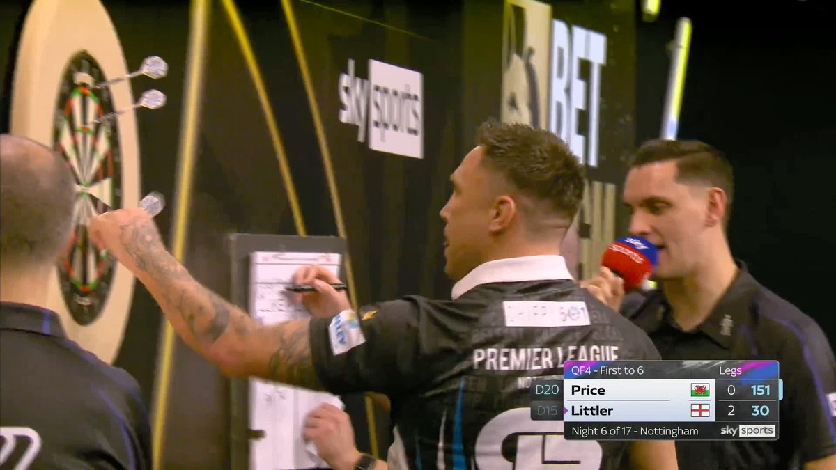 151 FROM PRICE 🥶 Despite going 2-0 down to Luke Littler, Gerwyn Price responds with a quality 151 checkout to break and put us back on throw! 📲 #PLDarts | QF4