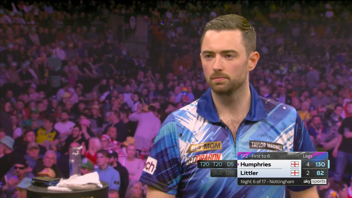 HUMPHRIES ONE AWAY! Luke Humphries takes out a fantastic 130 checkout on the bullseye to go three legs clear against Luke Littler, and one away from reaching his first final this year! 📲 #PLDarts | SF2