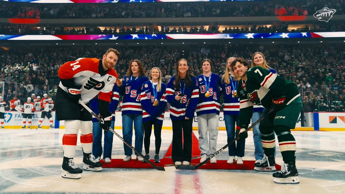 A special puck drop in the State of Hockey, congrats to these women who brought home gold 🥇 #mnwild | USA Hockey | Minnesota Frost | Minnesota Women's Hockey