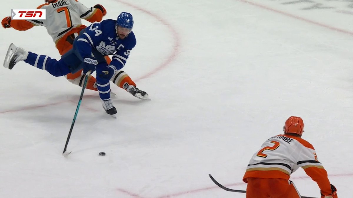 Auston Matthews left the ice for the remainder of the game after this collision with Radko Gudas. Gudas was issued a game misconduct penalty.