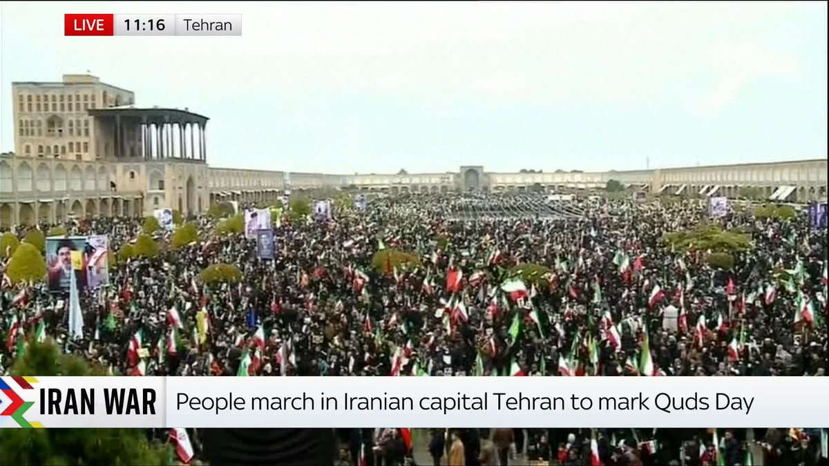 People have gathered in the Iranian capital, Tehran, to mark Quds Day, an annual day to support Palestine. As Iranian flags wave in the air, the U.S. flag is seen being burned, with the crowd chanting 'death to Israel' and 'death to America'. 📺 Sky 501
