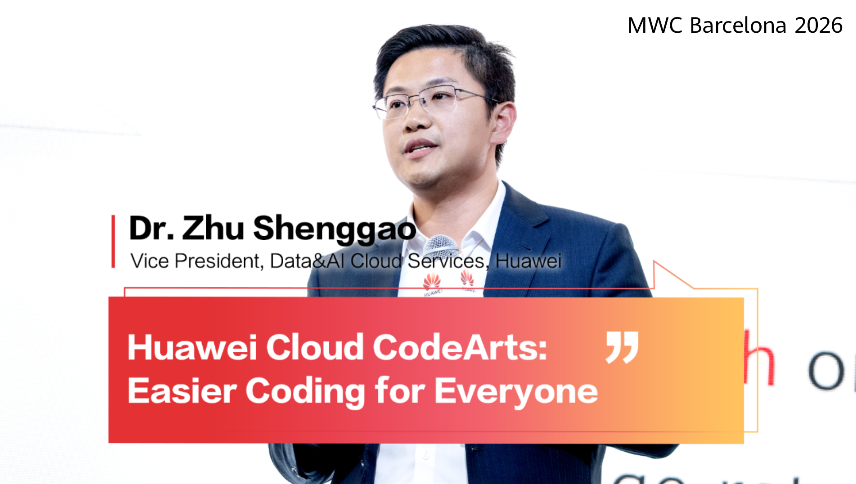 At MWC26 Barcelona, Dr. Zhu Shenggao, Vice President of Huawei Data&AI Cloud Services, launched Huawei Cloud CodeArts—far beyond a mere coding tool; it's a true partner that is technical, experienced, and ready to work. Benefits including: 30% lower token usage, 3x faster complex project code generation