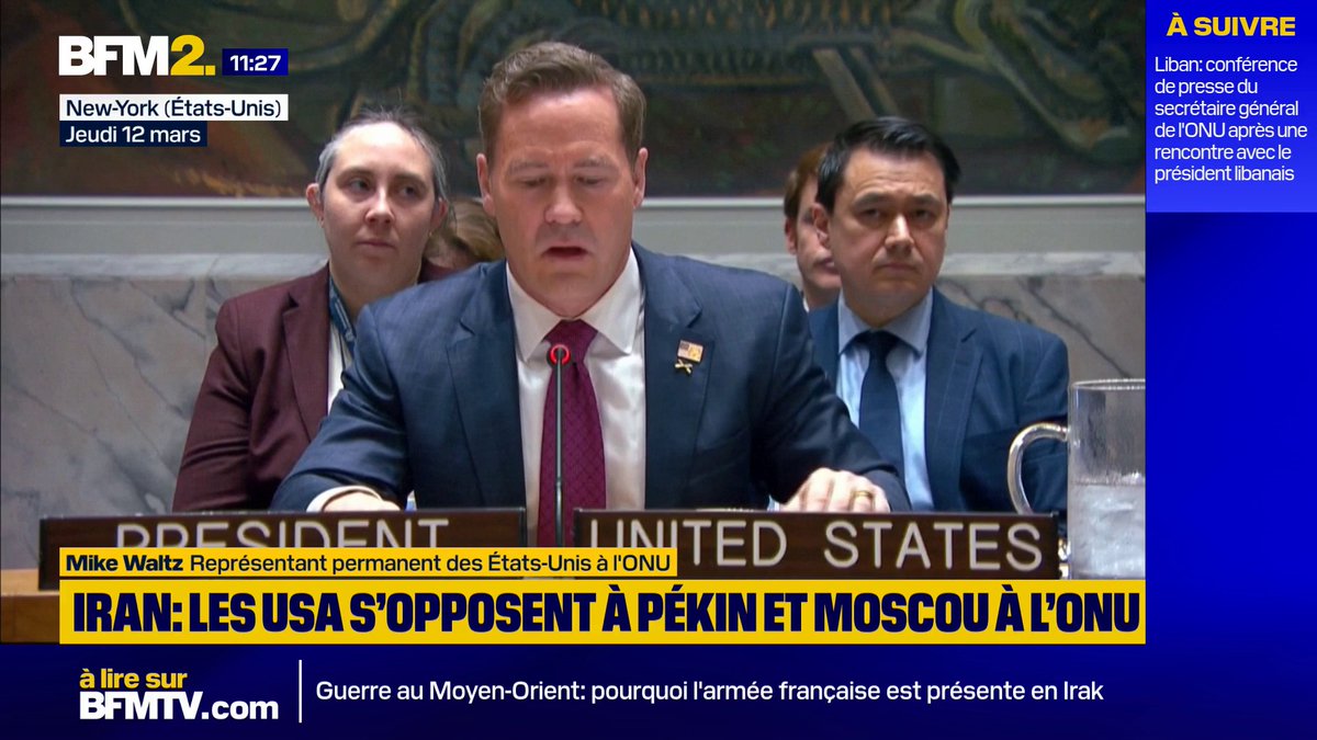 💬"Tous les États membres des Nations Unies devraient mettre en oeuvre un embargo sur les armes contre l'Iran" ➡️À l'ONU, le représentant permanent américain Mike Waltz accuse la Chine et la Russie de "continuer à protéger leur partenaire", l'Iran #BFM2