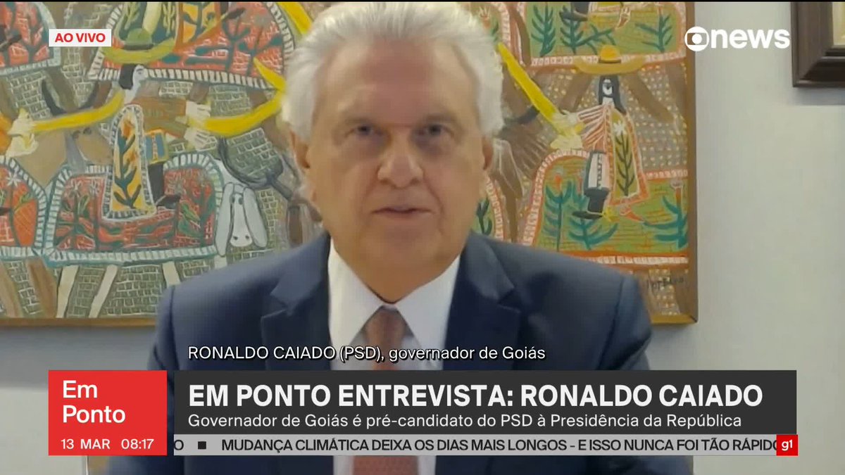 ‘Chegando à Presidência, eu faço uma anistia ampla, geral e irrestrita’, diz Ronaldo Caiado (PSD) sobre 8/1. ➡️ Assista à #GloboNews: #GloboNewsEmPonto