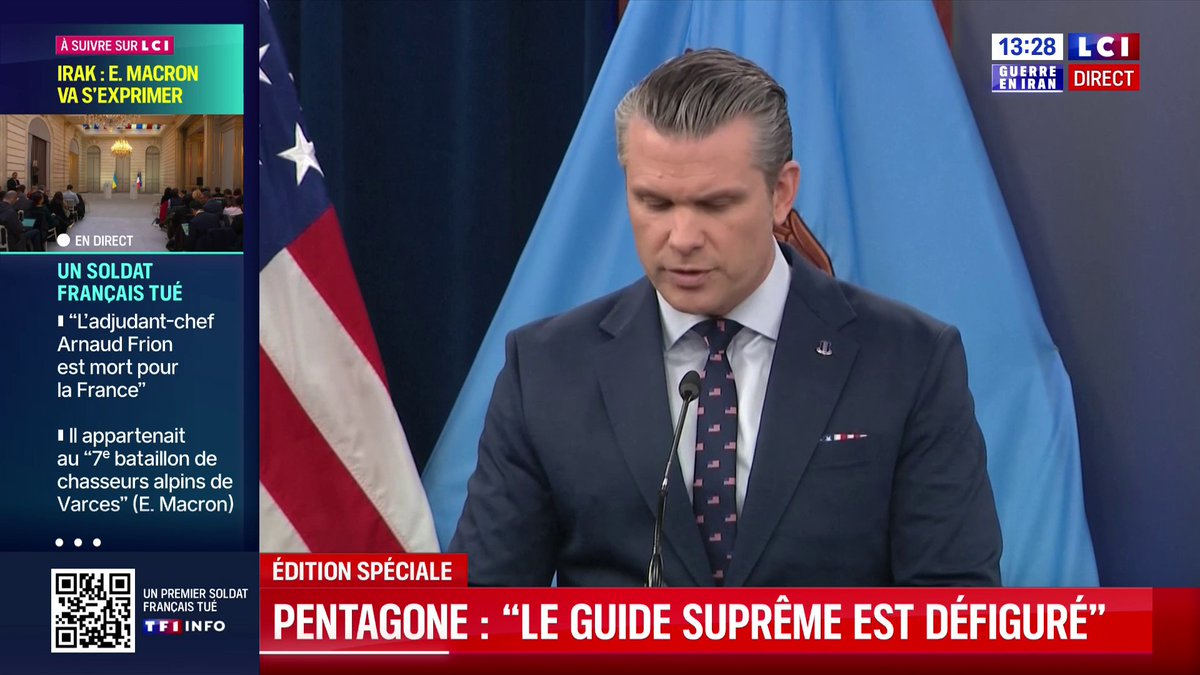 🔴 Guerre en Iran 🗣️ "Les dirigeants iraniens sont désespérés, ils se cachent dans les sous-sols de façon lâche comme le feraient des rats... Le Guide suprême a été blessé et défiguré." 💬 Pete Hegseth, secrétaire à la Défense des États-Unis