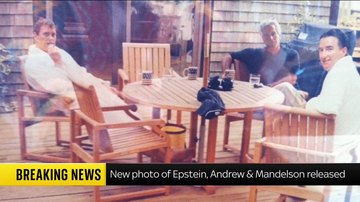 BREAKING: A new photo of Epstein, Andrew, and Mandelson has emerged from the files, the first known image of the three pictured together. Political correspondent Lucy McDaid brings the latest 📺 Sky 501, Virgin 602, Freeview 233, and YouTube