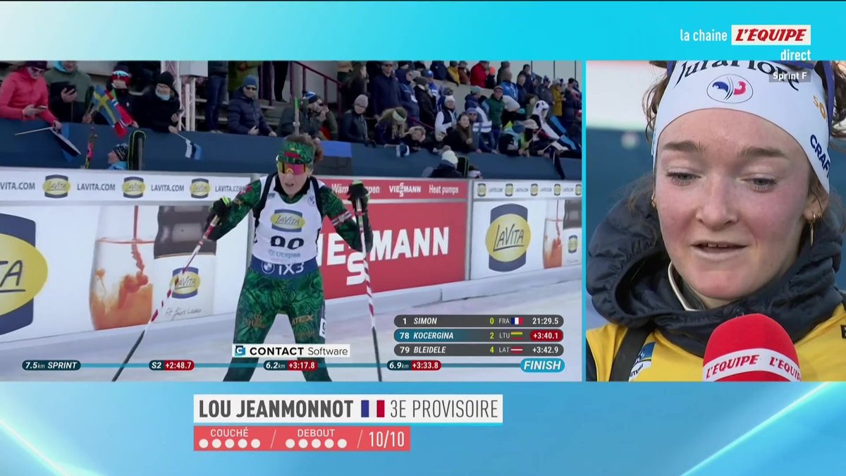 Quand on apprend à Lou Jeanmonnot qu’elle remporte le petit globe du sprint 😊 « C’est très très cool, c’est un stress de moins ! », répond la Française à notre micro #lequipeBIATHLON